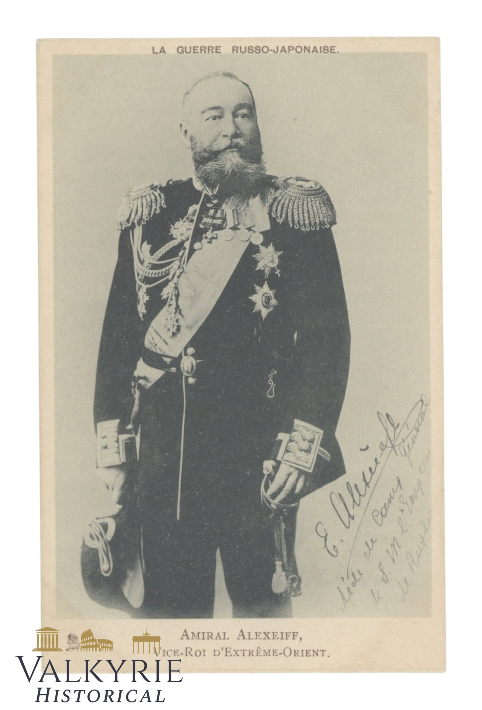 Postcard from the Russo-Japanese War -Russian Admiral in the Imperial Russian Navy Alexeyev: Postcard from the Russo-Japanese War. This postcard depicts Yevgeni Ivanovich Alekseyev (or Alexeyev, b. May 23, 1843 – d. May 27, 1917) was a Russian admiral in the Imperial Russian Navy, viceroy o