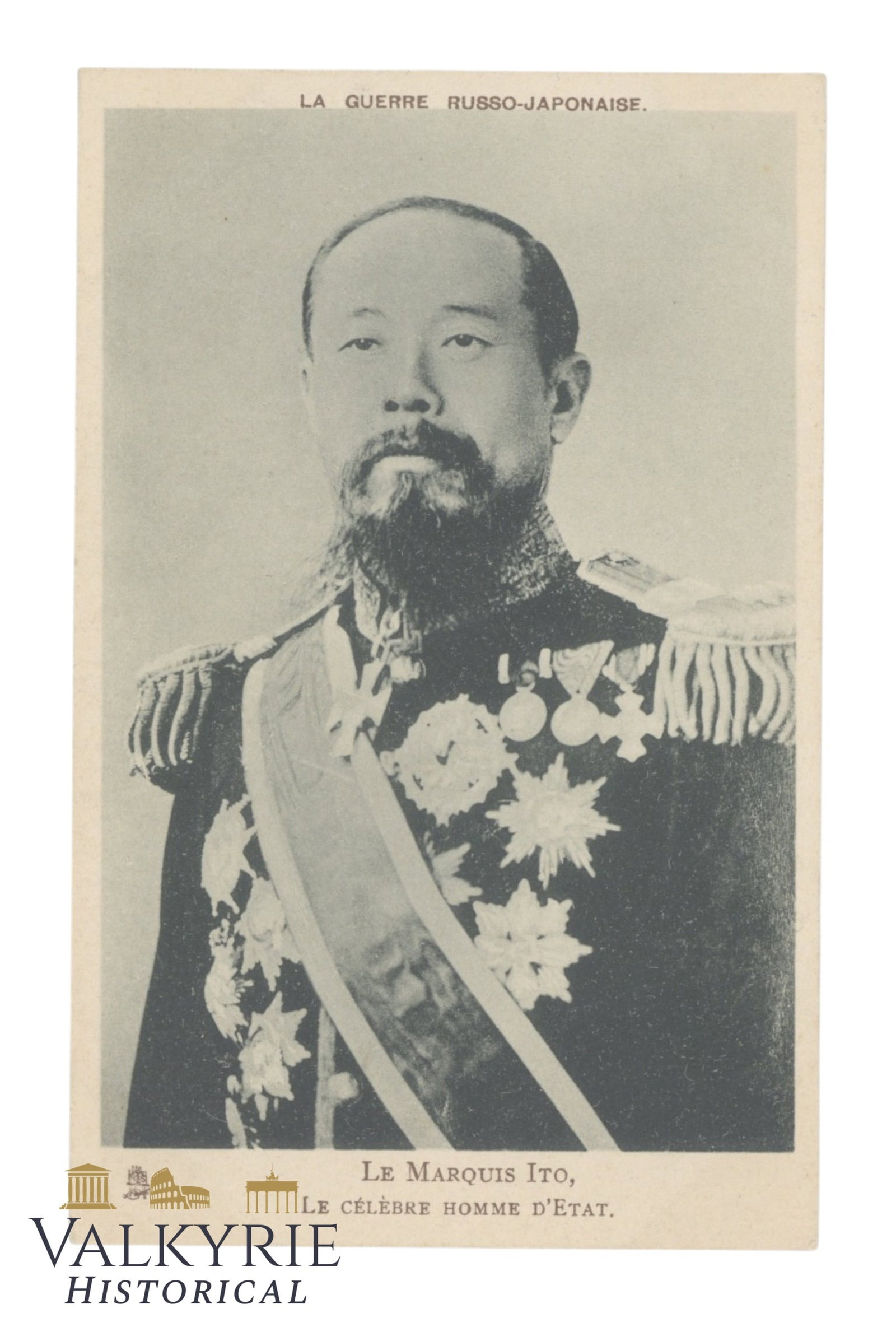 Postcard from the Russo-Japanese War Marquis Hirobumi Ito: Postcard from the Russo-Japanese War. This postcard depicts Marquis Hirobumi Ito (1841–1909) who was one of the most prominent Japanese statesmen, politicians, and architects of modern Japan during 