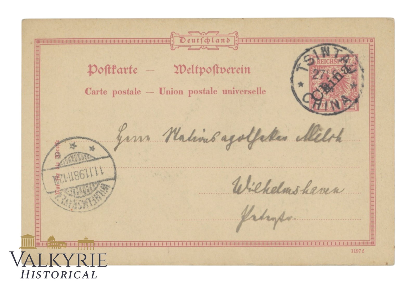 China Qingdao (archaically known as Tsingtao) German postcard posted in 1898: German postcard posted from Qingdao (archaically known as Tsingtao) 1898.A very nicely impressed stamp. Shipping flat cost $25 it doesn't matter how many items you win. you pay just $25 for shipping.