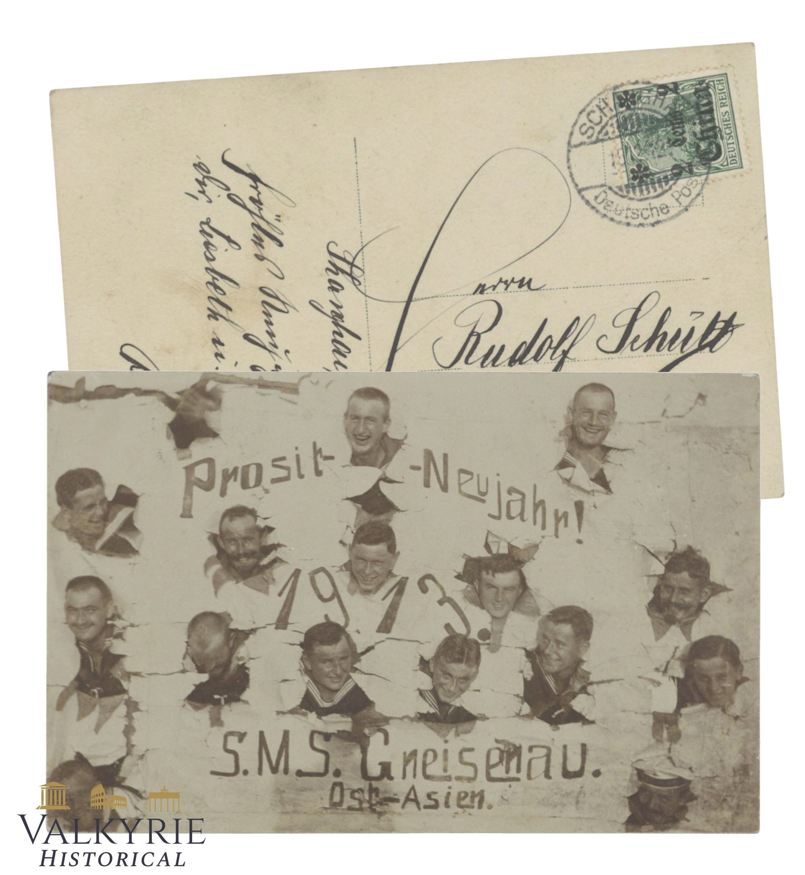 Shanghai China - New Year's Greetings from the Sailors of the Ship SMS Gneisenau 1913 Ost Asia.: Shanghai China - New Year's Greetings from the Sailors of the Ship SMS Gneisenau 1913 Ost Asia. A German postmark reprinted in China with a postmark from the German Post Office in China. Inscribed and