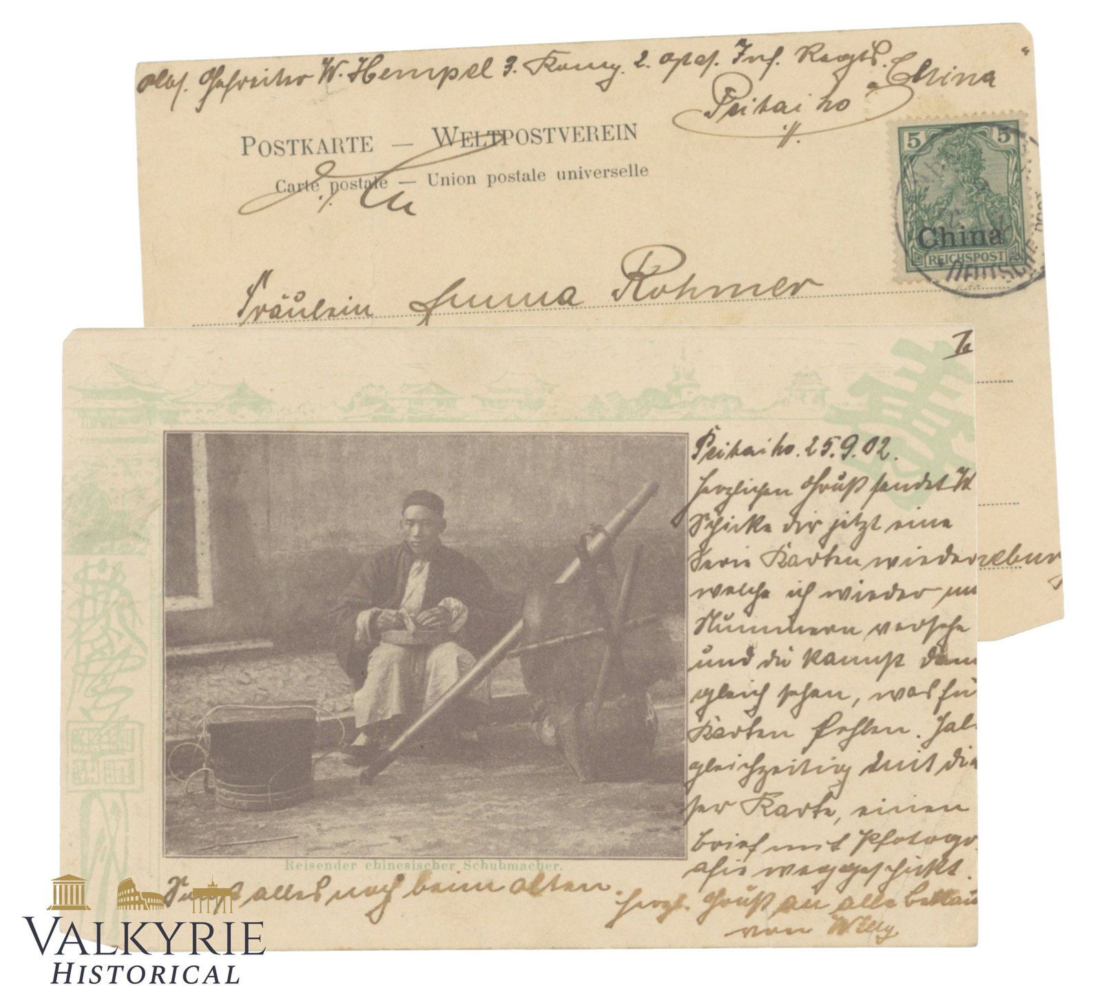 China - Traveling Chinese Shoemaker 1902: Traveling Chinese shoemaker. Inscribed and sent in 1902 with a German stamp reprinted for China. Shipping flat cost $25 it doesn't matter how many items you win. you pay just $25 for shipping.
