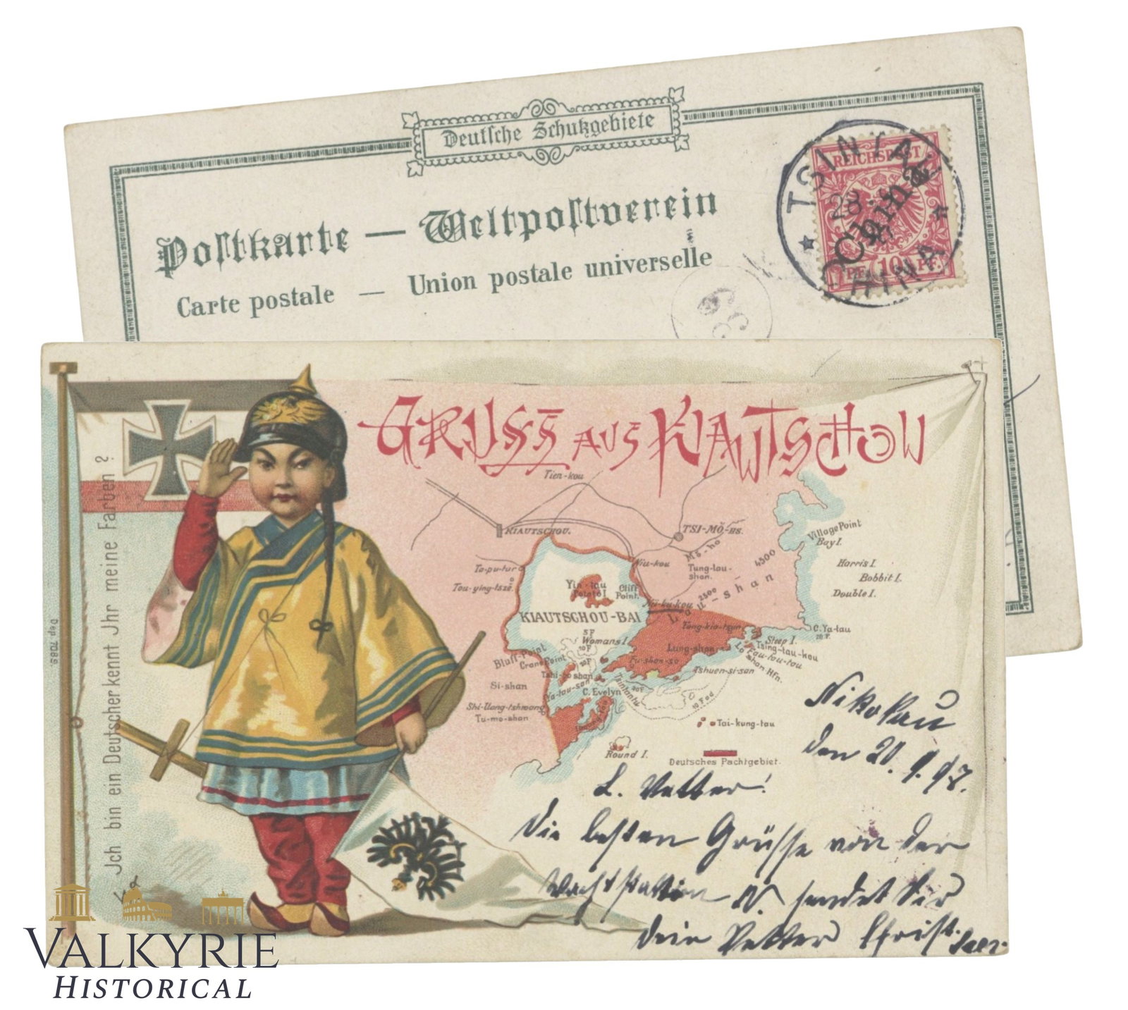 Jiaozhou (German name Kiautschou) China German Propaganda 1897: Jiaozhou (German name Kiautschou) China German Propaganda.On the reverse is a Chinese stamp and German postmarks sent in 1897. Shipping flat cost $25 it doesn't matter how many items you win. you pay 