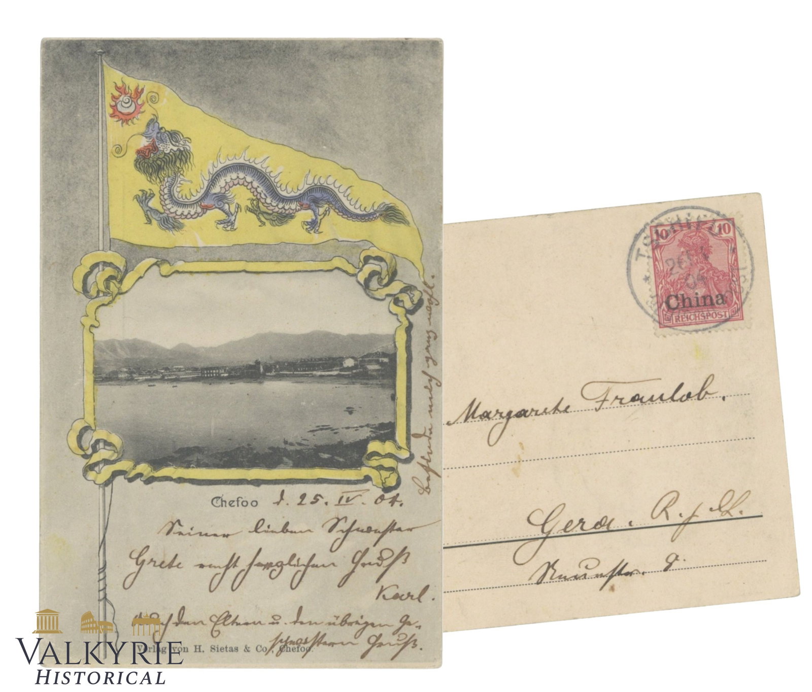 Yantai (Chefoo) - China View of the Bay. Beautiful Pennant with a Dragon. Around 1900.: Yantai (Chefoo) - China View of the Bay. Beautiful pennant with a dragon. Around 1900. Inscribed and sent with a postmark from Tsingtau (Qingdao) with a German stamp reprinted for China. Shipping flat