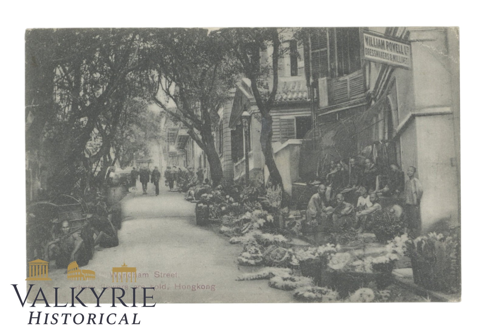Hong Kong - Wyndham Street where Flowers are Sold - around 1920.: Hong Kong - Wyndham Street where Flowers are Sold - around 1920. Missing stamp. Shipping flat cost $25 it doesn't matter how many items you win. you pay just $25 for shipping.