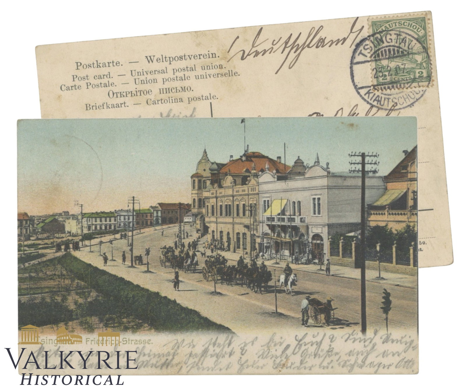 China - Tsingtau (Qingdao) - Friedrich Strasse - 1907.: Tsingtau (Qingdao) - Friedrich Strasse - 1907. With chinese stamps from Jiaozhou (German name Kiautschou)2 cents . Sent to Germany. Shipping flat cost $25 it doesn't matter how many items you win.