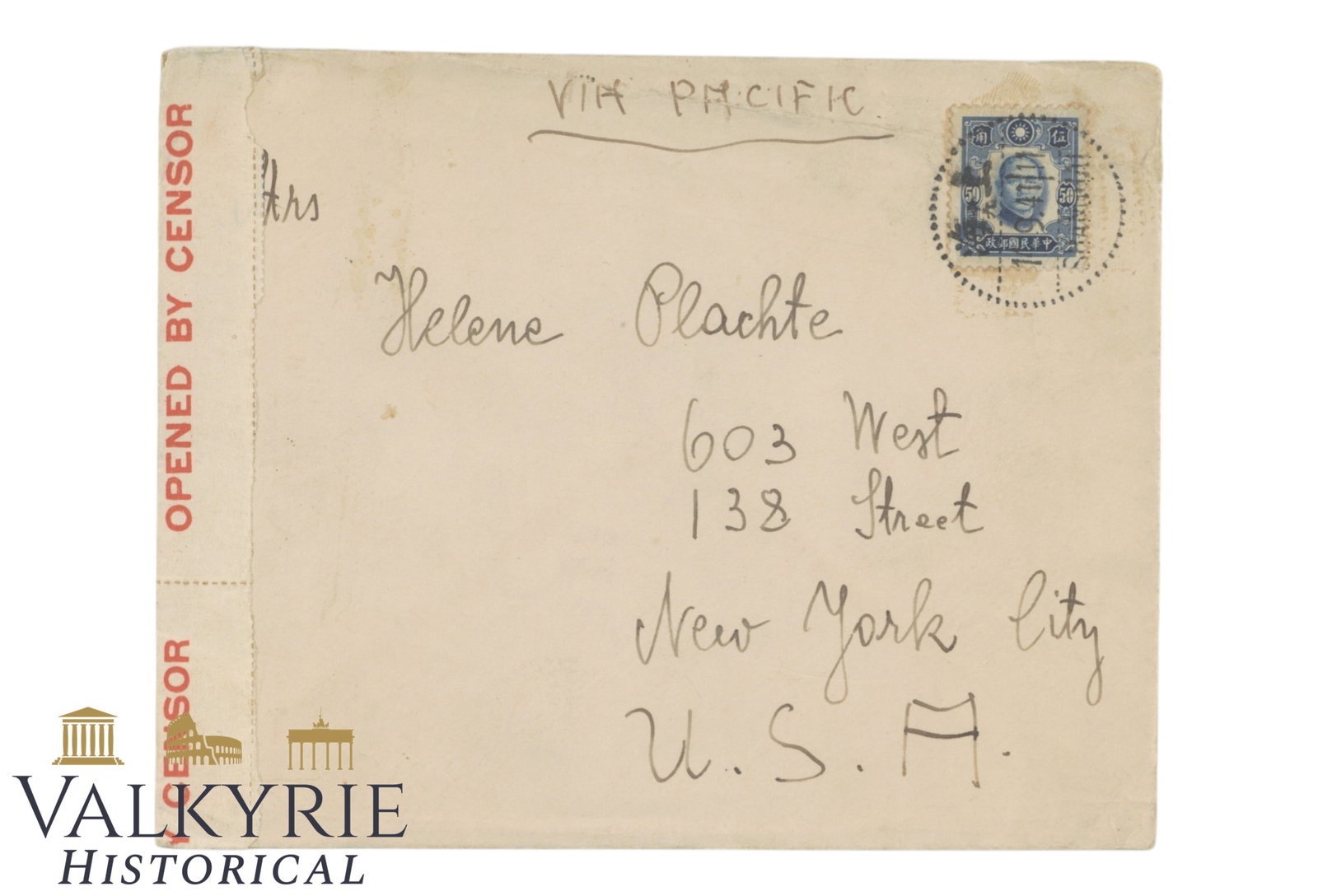 Shanghai - 1941 - Letter Sent to USA - from Leopold Lichtenstein: Shanghai - 1941 - Letter Sent to USA - from Leopold Lichtenstein . Markings of a letter being opened by a censor. Chinese stamp. Shipping flat cost $25 it doesn't matter how many items you win. you pa