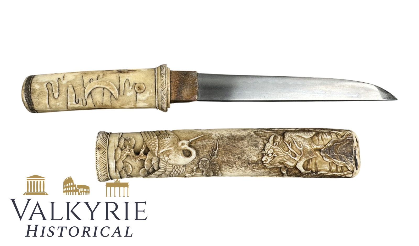 Japanese Tanto Dagger Knife -Carved Bone Grips and Scabbard - Meiji/Taisho period (1868-1926) (1 of 17)
