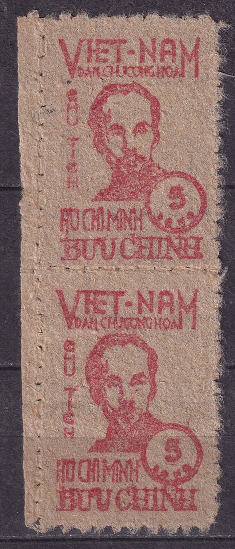 1948 Vietnam President Ho Chi Minh stamps fiber paper Mi 2-3 (*) double stamps: 1948 Vietnam President Ho Chi Minh stamps fiber paper Mi 2-3 (*) double stamps, mint never hinged. Shipping flat cost $25 it doesn't matter how many items you win. you pay just $25 for shipping.