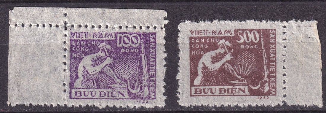 1953 Vietnam Production requirement Mi 7-8 (*): 1953 Vietnam Production requirement Mi 7-8 (*) mint never hinged.Shipping flat cost $25 it doesn't matter how many items you win. you pay just $25 for shipping.