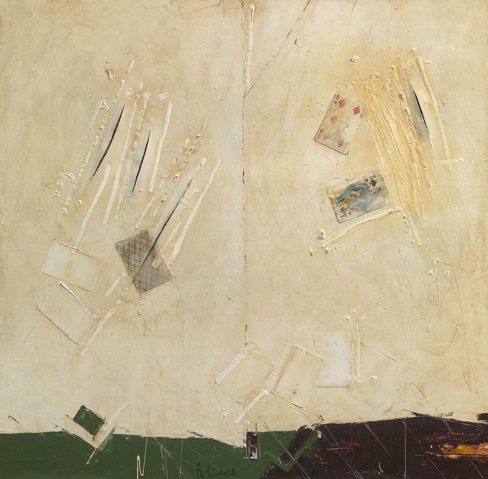 NEMUKHIN, VLADIMIR (1925-2016) Card Table 5: NEMUKHIN, VLADIMIR (1925-2016) Card Table 5 signed and dated 1986, also further signed, titled in Cyrillic and dated twice on the reverse. Oil, acrylic and collage with paper and playing cards on canv