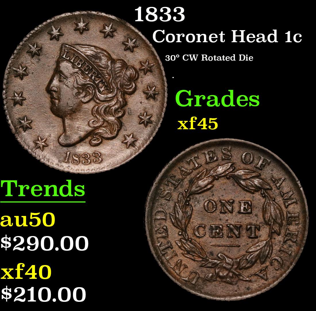 1833 Coronet Head Large Cent 1c Grades xf+ (1 of 3)