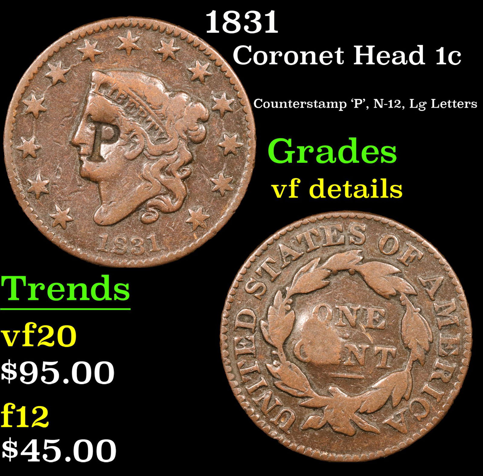 1831 Coronet Head Large Cent 1c Grades vf details (1 of 3)