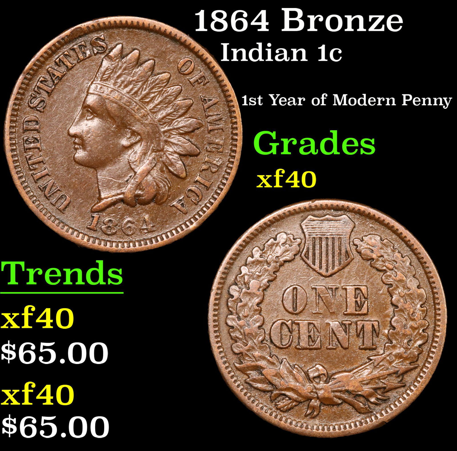 1864 Bronze Indian Cent 1c Grades xf (1 of 3)
