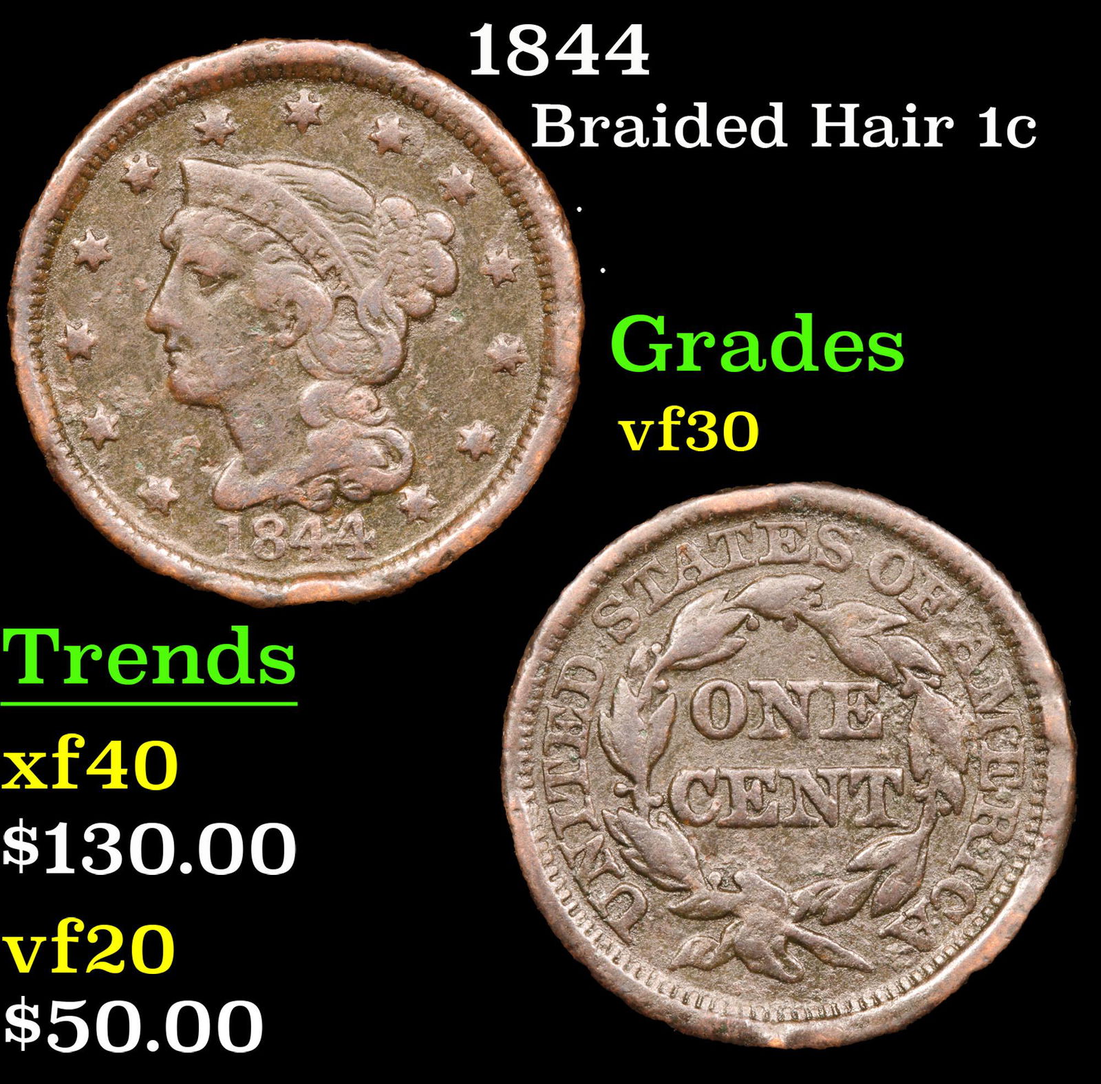 1844 Braided Hair Large Cent 1c Grades vf++ (1 of 3)