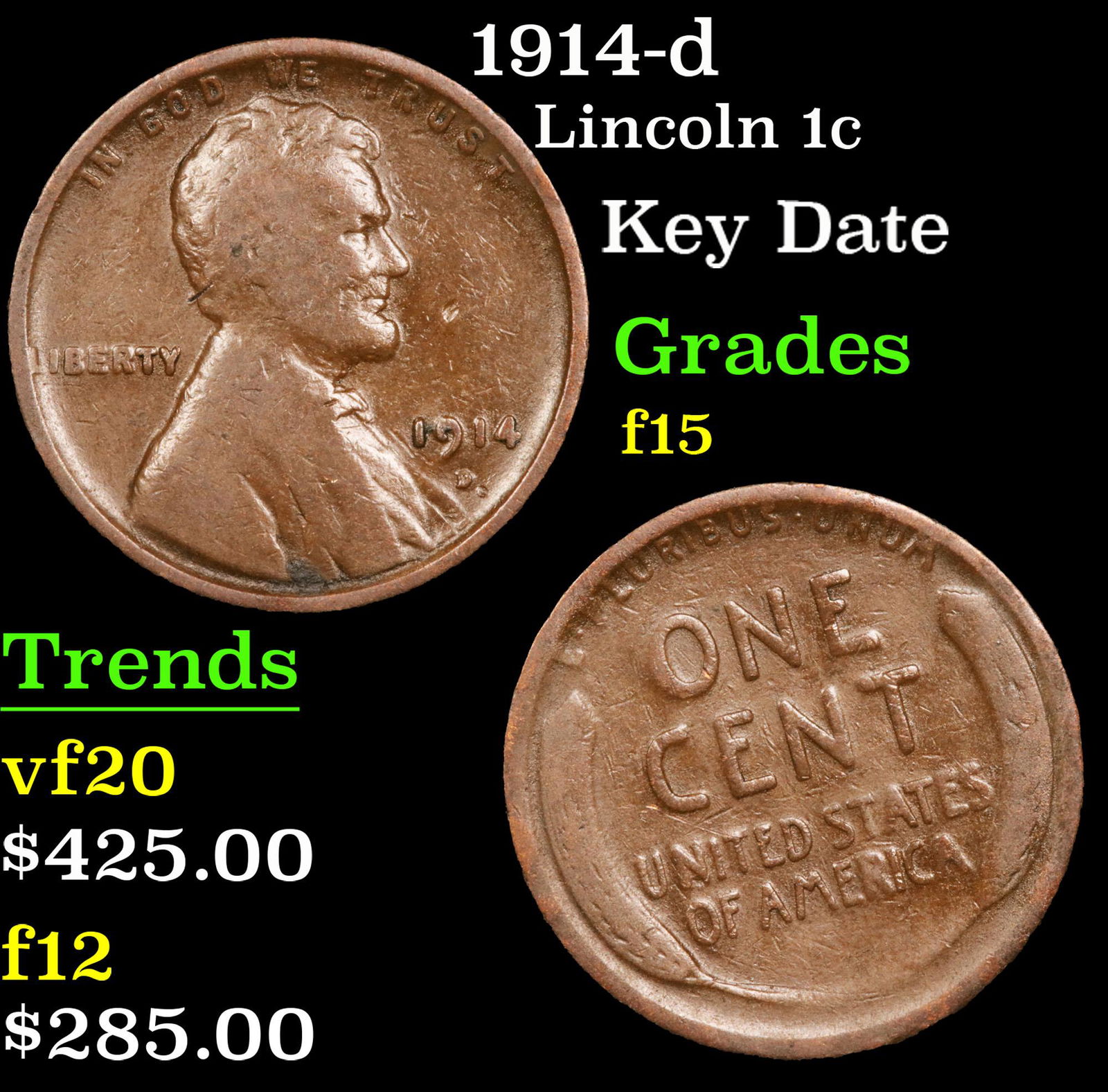 1914-d Lincoln Cent 1c Grades f+ (1 of 3)