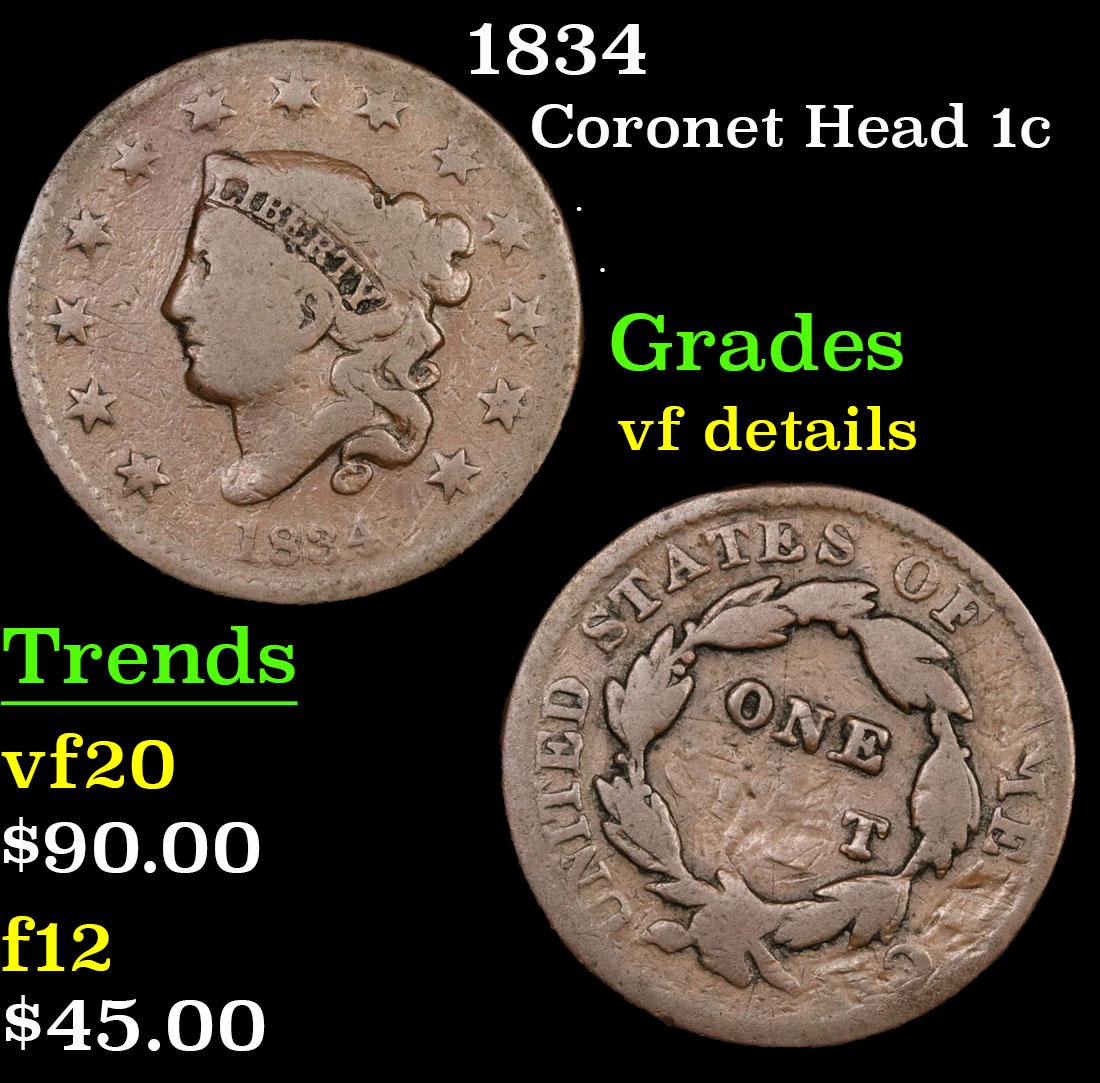 1834 Coronet Head Large Cent 1c Grades vf details (1 of 3)