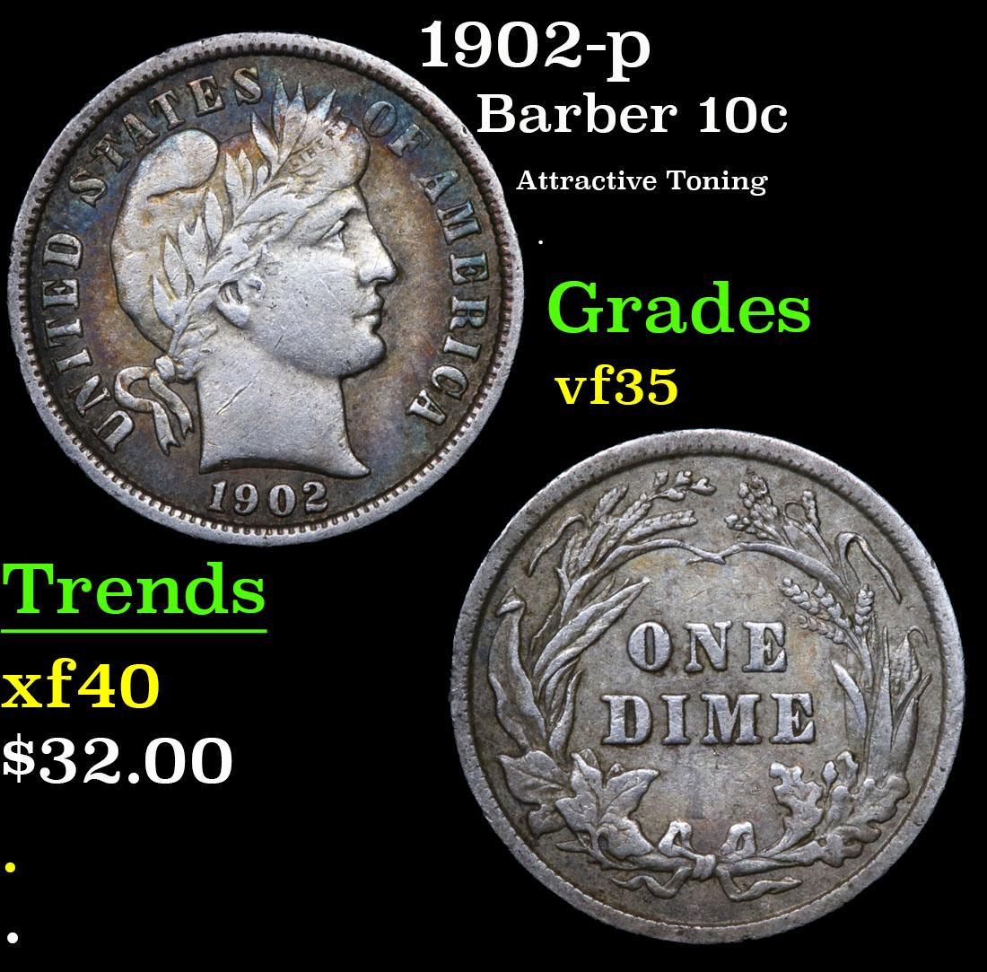 1902-p Barber Dime 10c Grades vf++ (1 of 3)