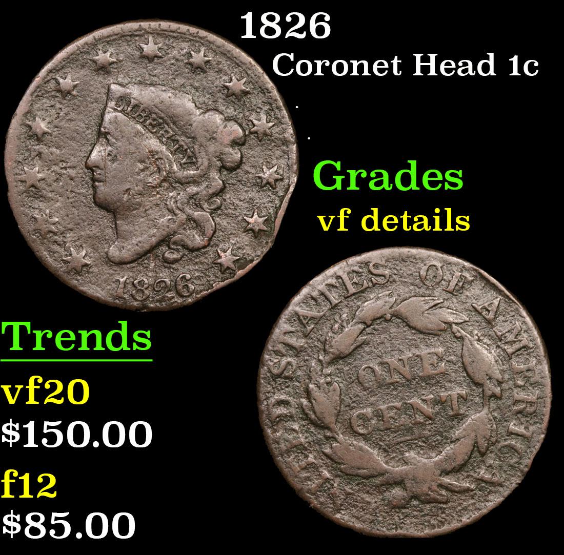 1826 Coronet Head Large Cent 1c Grades vf details (1 of 3)