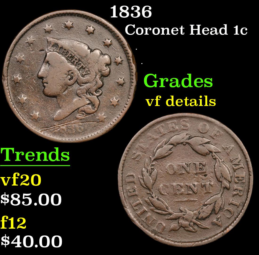 1836 Coronet Head Large Cent 1c Grades vf details (1 of 3)