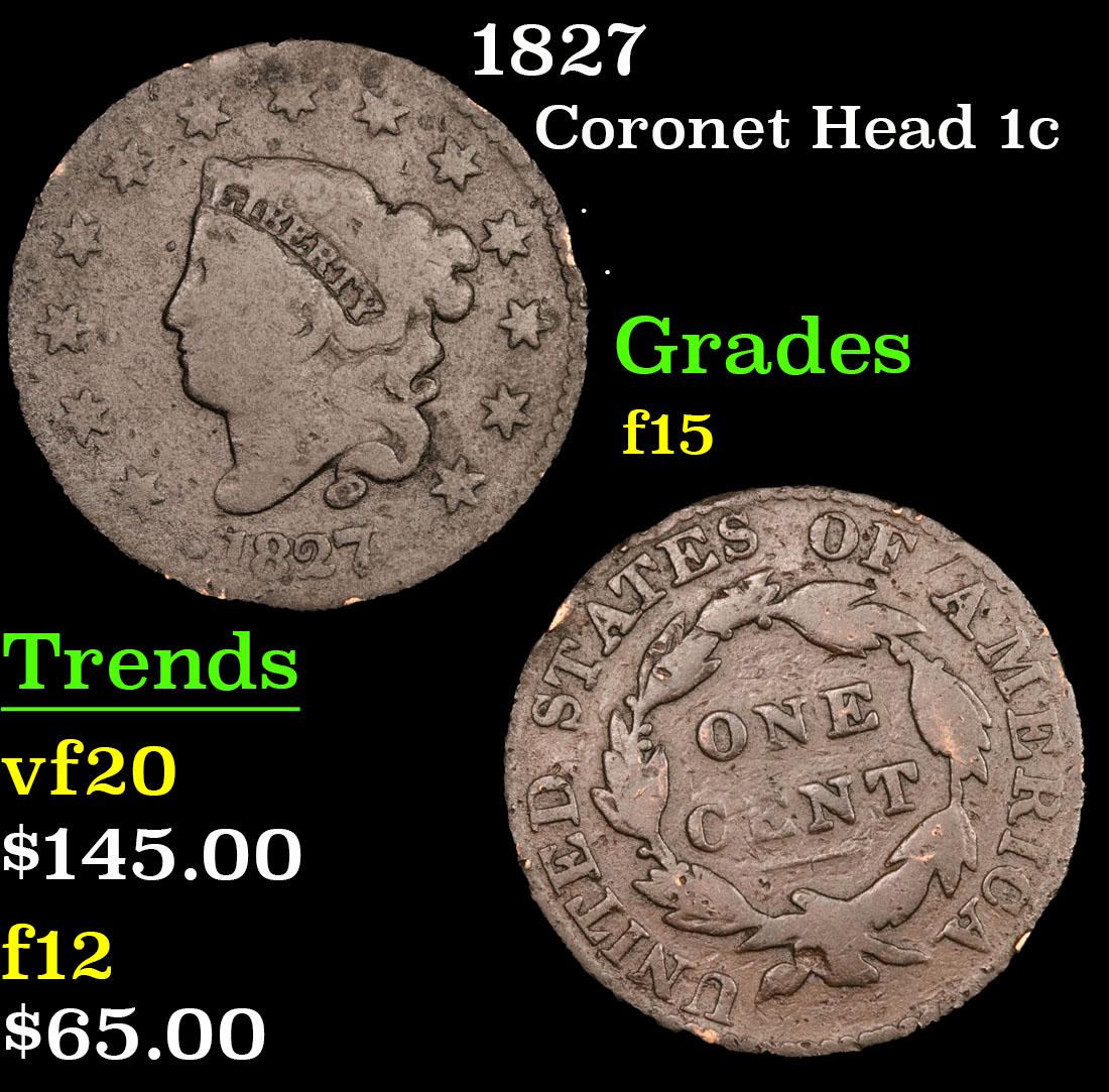 1827 Coronet Head Large Cent 1c Grades f+ (1 of 3)