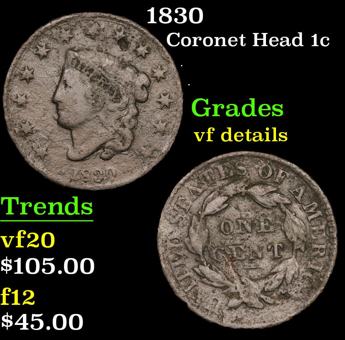 1830 Coronet Head Large Cent 1c Grades vf details (1 of 3)