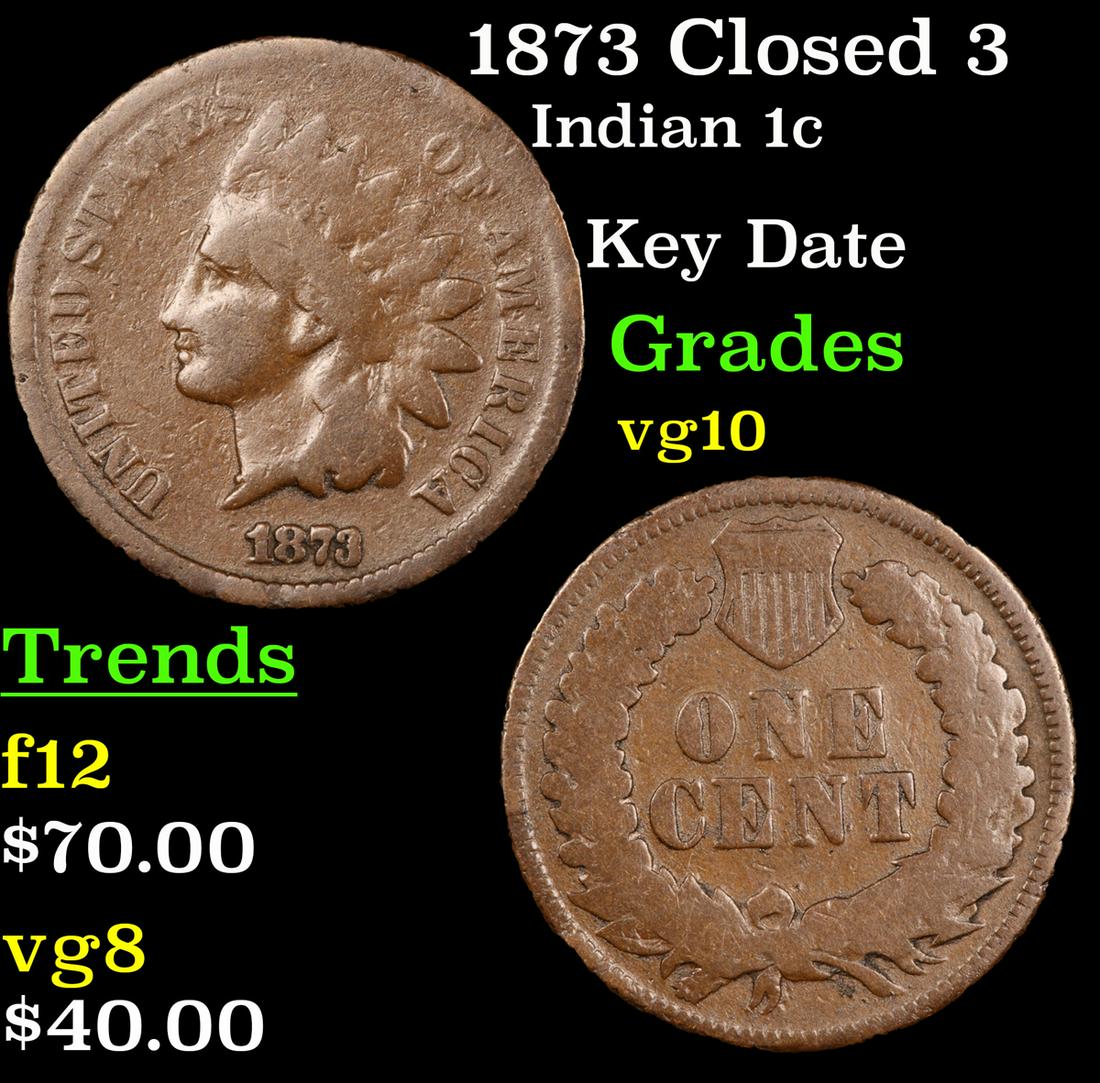 1873 Closed 3 Indian Cent 1c Grades vg+ (1 of 3)
