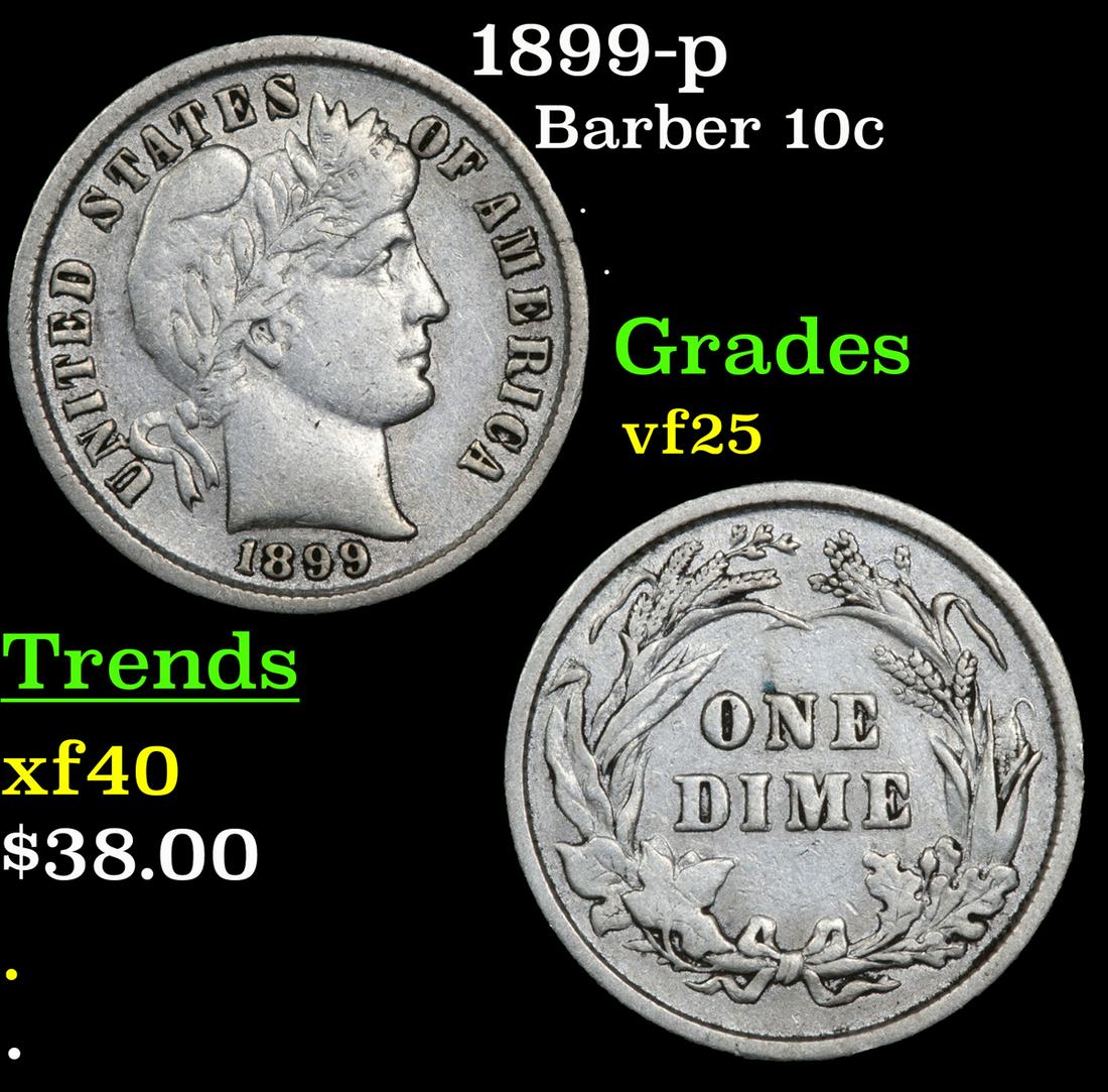 1899-p Barber Dime 10c Grades vf+ (1 of 3)