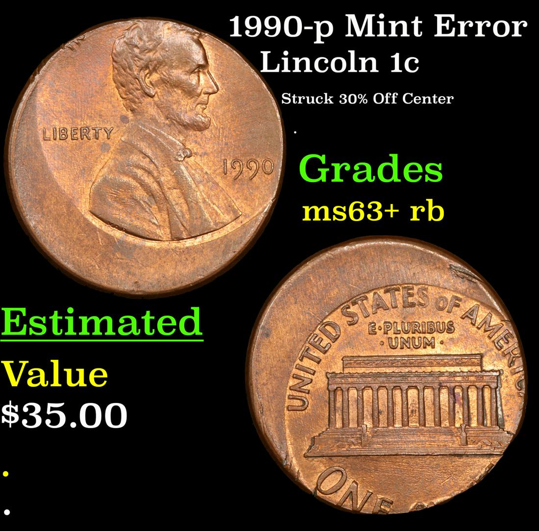 1990-p Mint Error Lincoln Cent 1c Grades Select+ Unc RB (1 of 3)