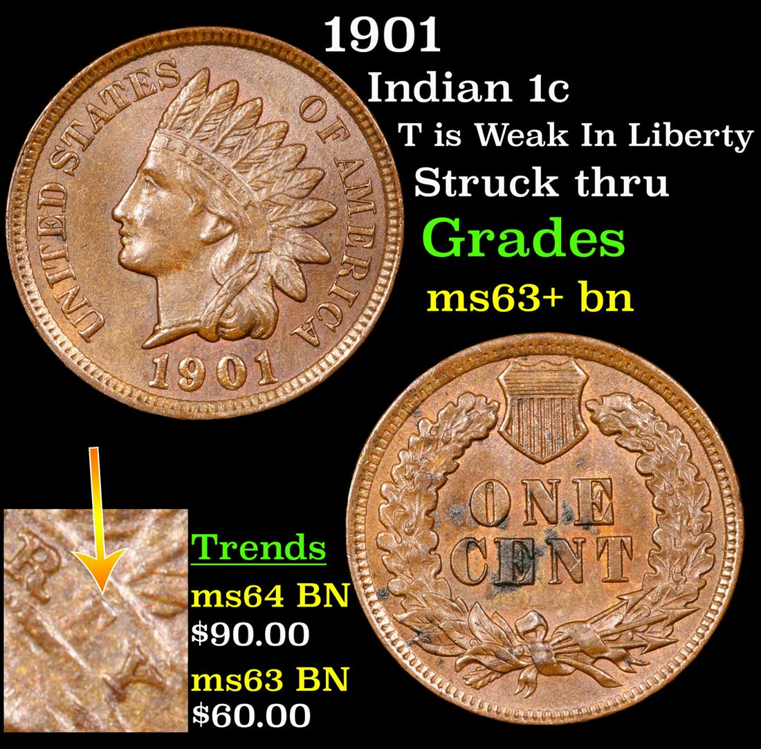 1901 Indian Cent 1c Grades Select+ Unc BN (1 of 5)