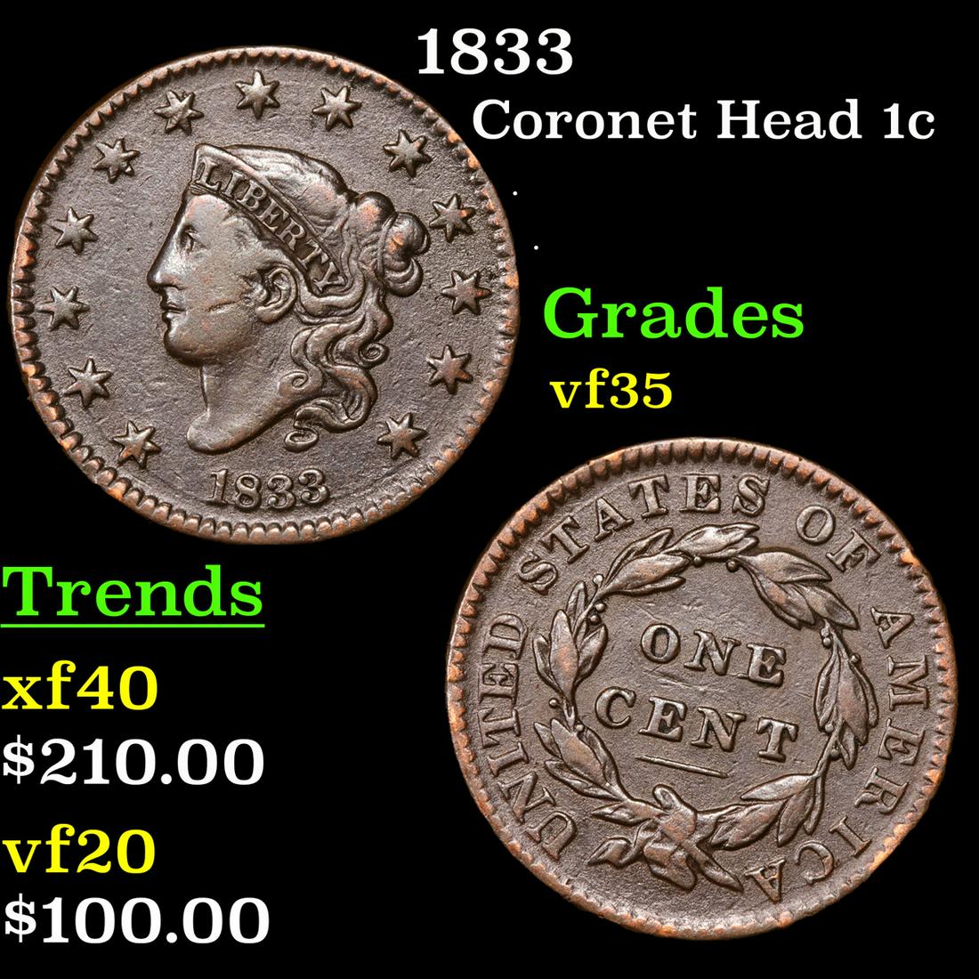 1833 Coronet Head Large Cent 1c Grades vf++ (1 of 3)