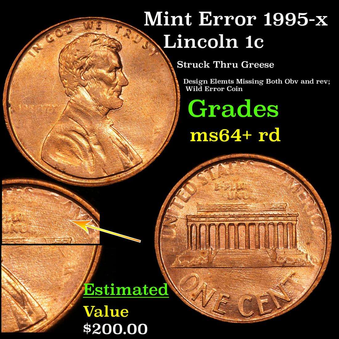 Mint Error 1995-x Lincoln Cent 1c Grades Choice+ Unc RD (1 of 7)