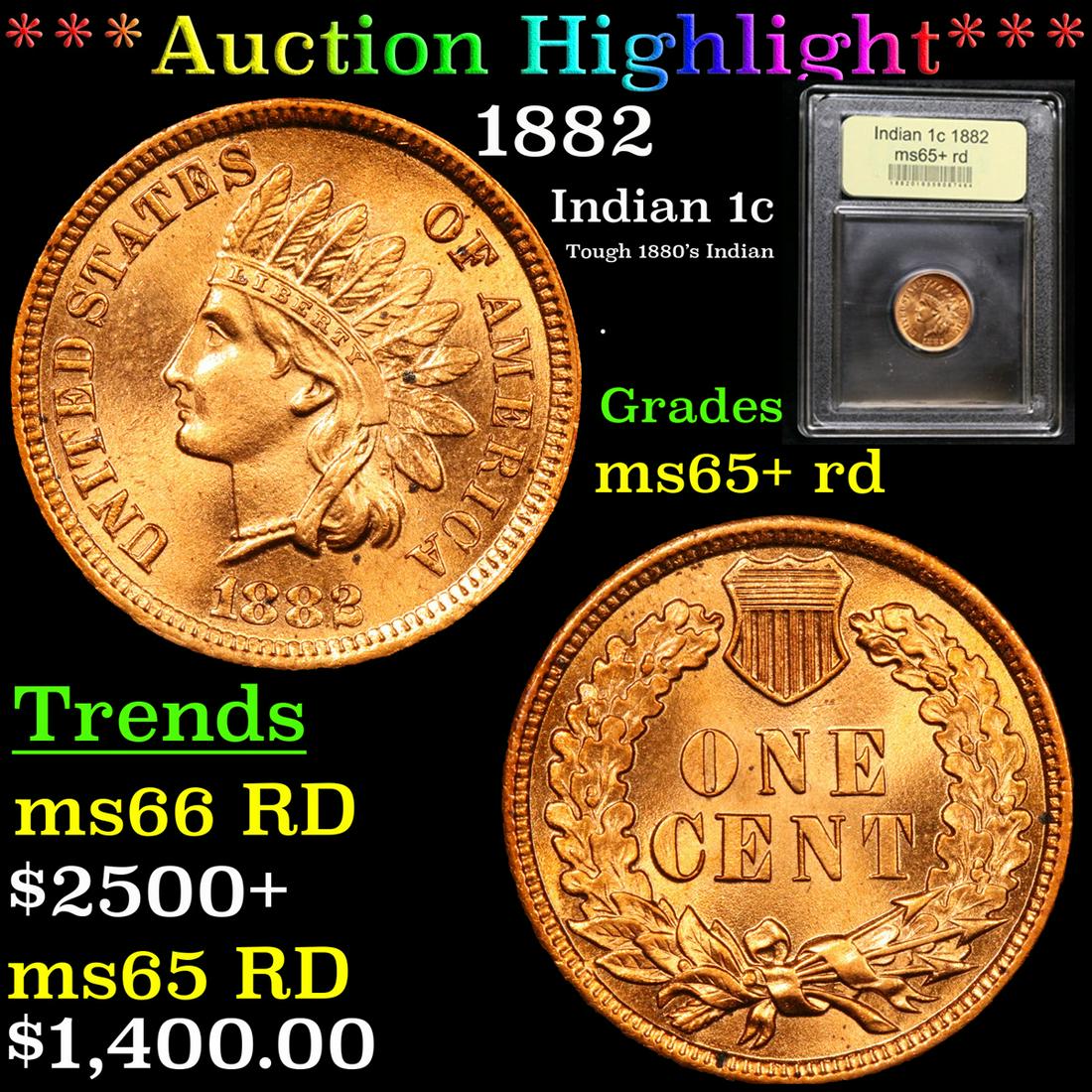 ***Auction Highlight*** 1882 Indian Cent 1c Graded Gem+ (1 of 5)