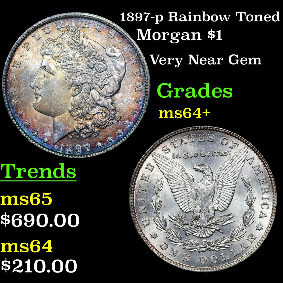1897-p Rainbow Toned Morgan Dollar $1 Grades Choice+ (1 of 3)