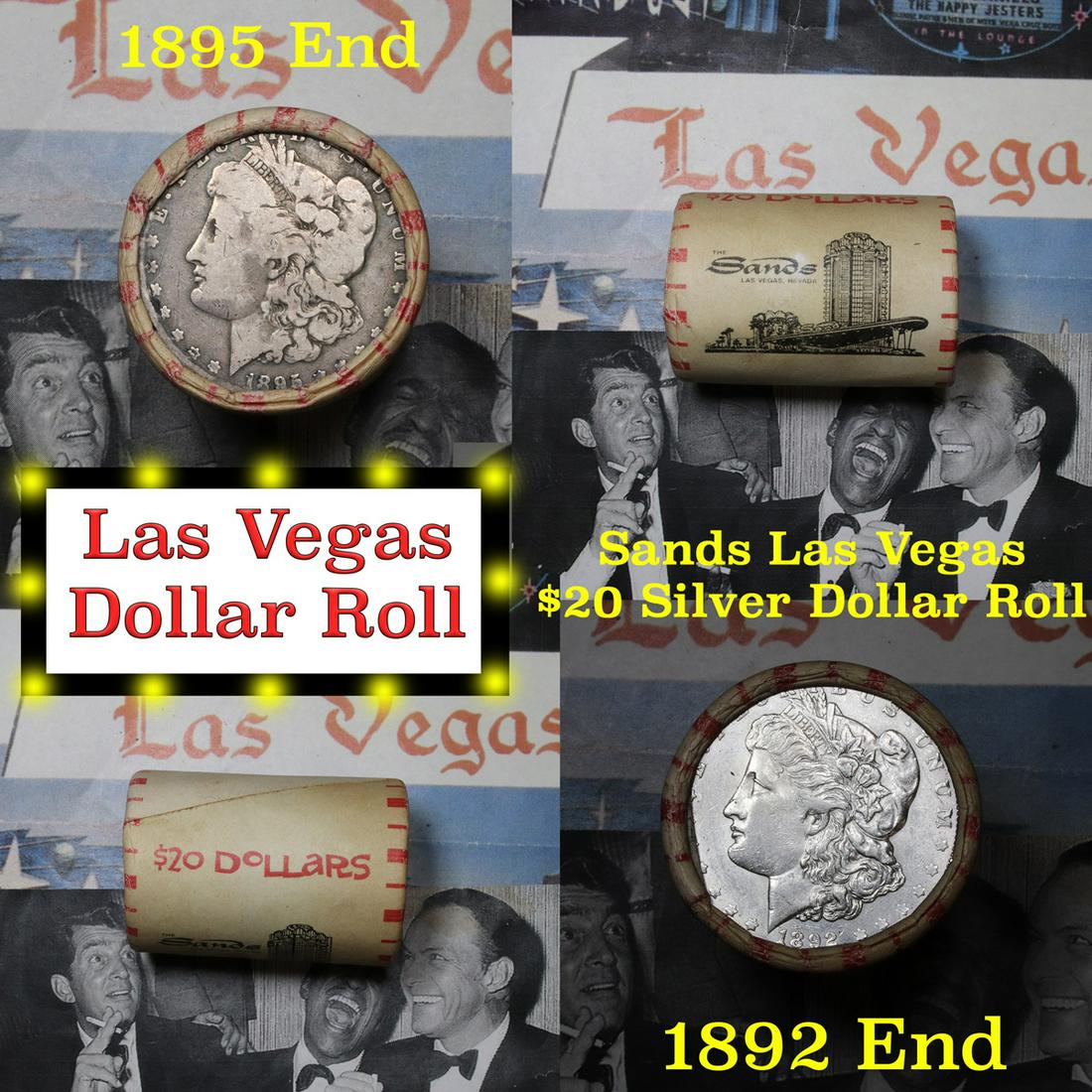 ***Auction Highlight*** Full Morgan/Peace Sands Hotel: ***Auction Highlight*** Full Morgan/Peace Sands Hotel silver $1 roll $20, 1895 & 1892 ends. This roll is held in an old casino wrapper from the Sands Hotel & Casino Las Vegas, Nevada. This roll contai