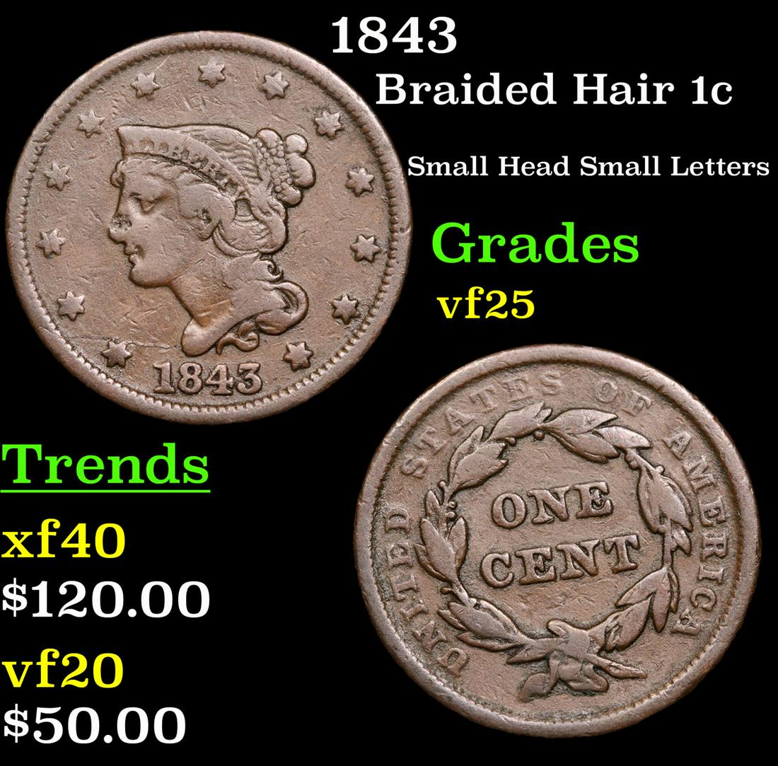 1843 Braided Hair Large Cent 1c Grades vf+ (1 of 3)