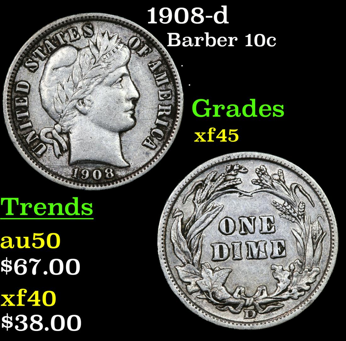 1908-d Barber Dime 10c Grades xf+ (1 of 3)
