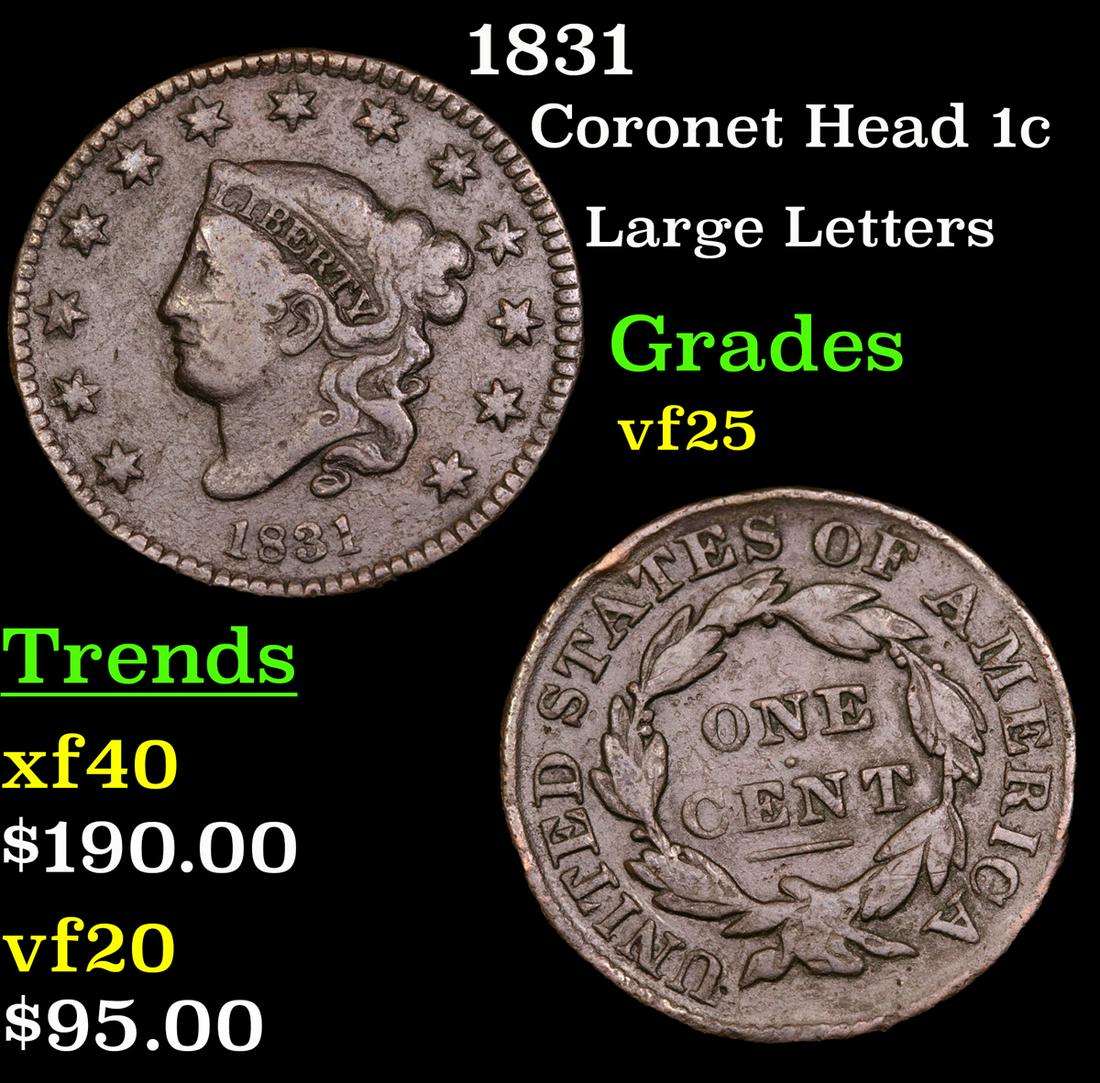 1831 Coronet Head Large Cent 1c Grades vf+ (1 of 3)