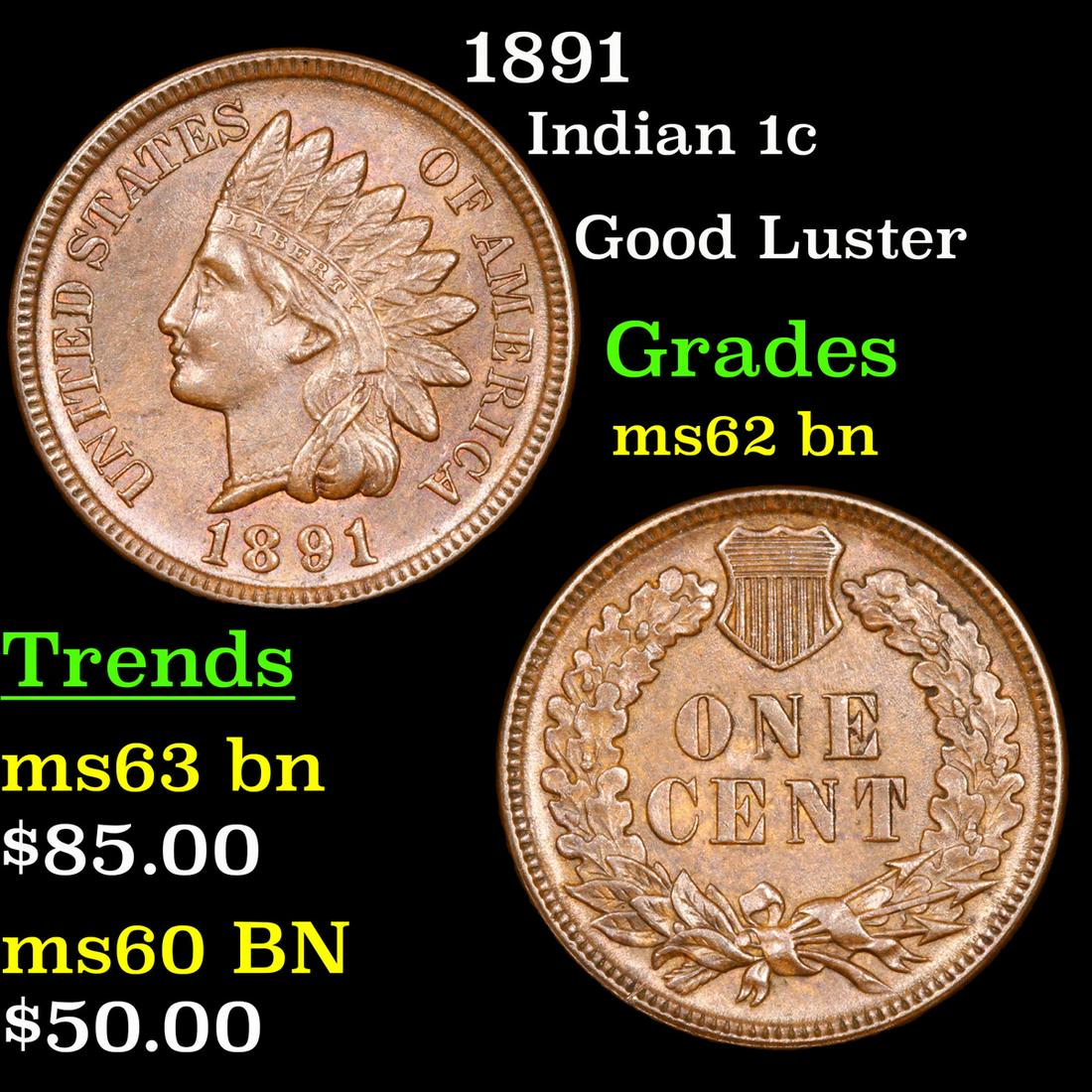 1891 Indian Cent 1c Grades Select Unc BN (1 of 3)