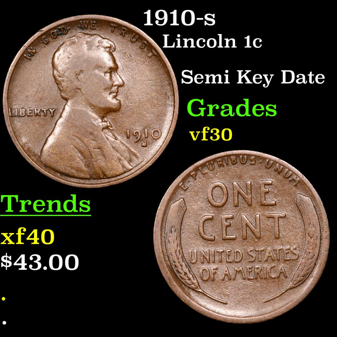 1910-s Lincoln Cent 1c Grades vf++ (1 of 3)
