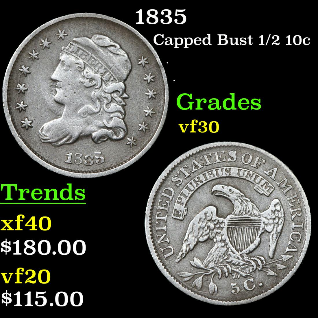 1835 Capped Bust Half Dime 1/2 10c Grades vf++ (1 of 3)