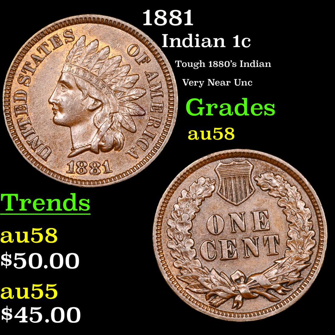 1881 Indian Cent 1c Grades Choice AU/BU Slider (1 of 3)