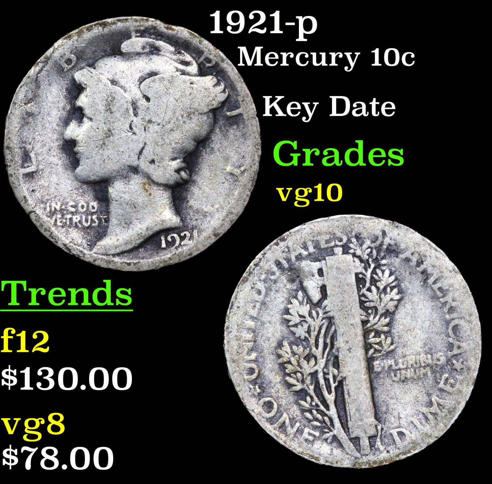 1921-p Mercury Dime 10c Grades vg+ (1 of 3)