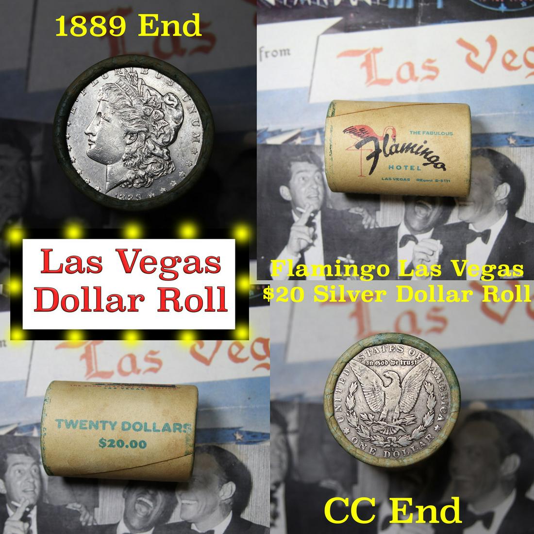 ***Auction Highlight*** Full Morgan/Peace Flamingo: ***Auction Highlight*** Full Morgan/Peace Flamingo Hotel silver $1 roll $20, 1889 & cc ends. This roll is held in an old casino wrapper from the Fabulous Flamingo Hotel & Casino Las Vegas, Nevada. Thi