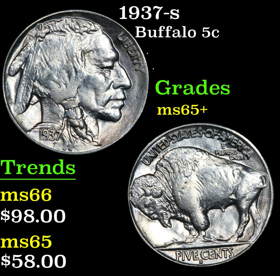 1937-s Buffalo Nickel 5c Grades GEM+ Unc (1 of 3)
