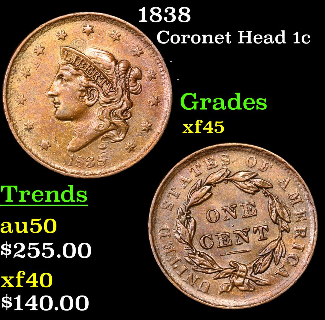 1838 Coronet Head Large Cent 1c Grades xf+ (1 of 3)