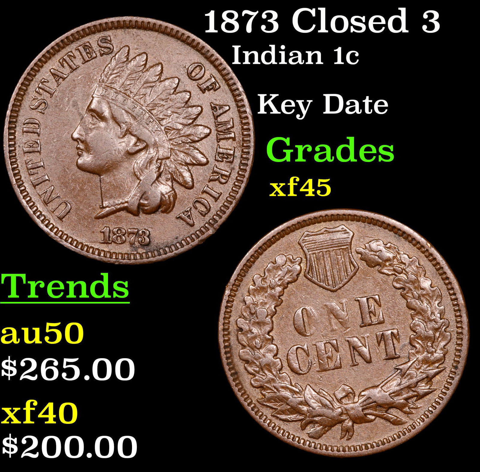 1873 Closed 3 Indian Cent 1c Grades xf+ (1 of 3)