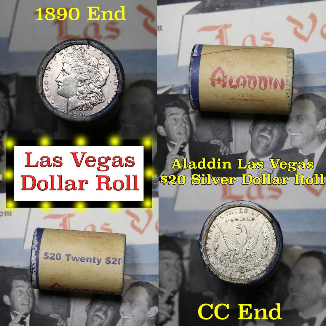 *Auction Highlight* Full Morgan/Peace Aladdin Hotel: *Auction Highlight* Full Morgan/Peace Aladdin Hotel silver $1 roll $20, 1890 & CC ends. This roll is held in an old casino wrapper from the Aladdin Hotel & Casino Las Vegas, Nevada. This roll contains