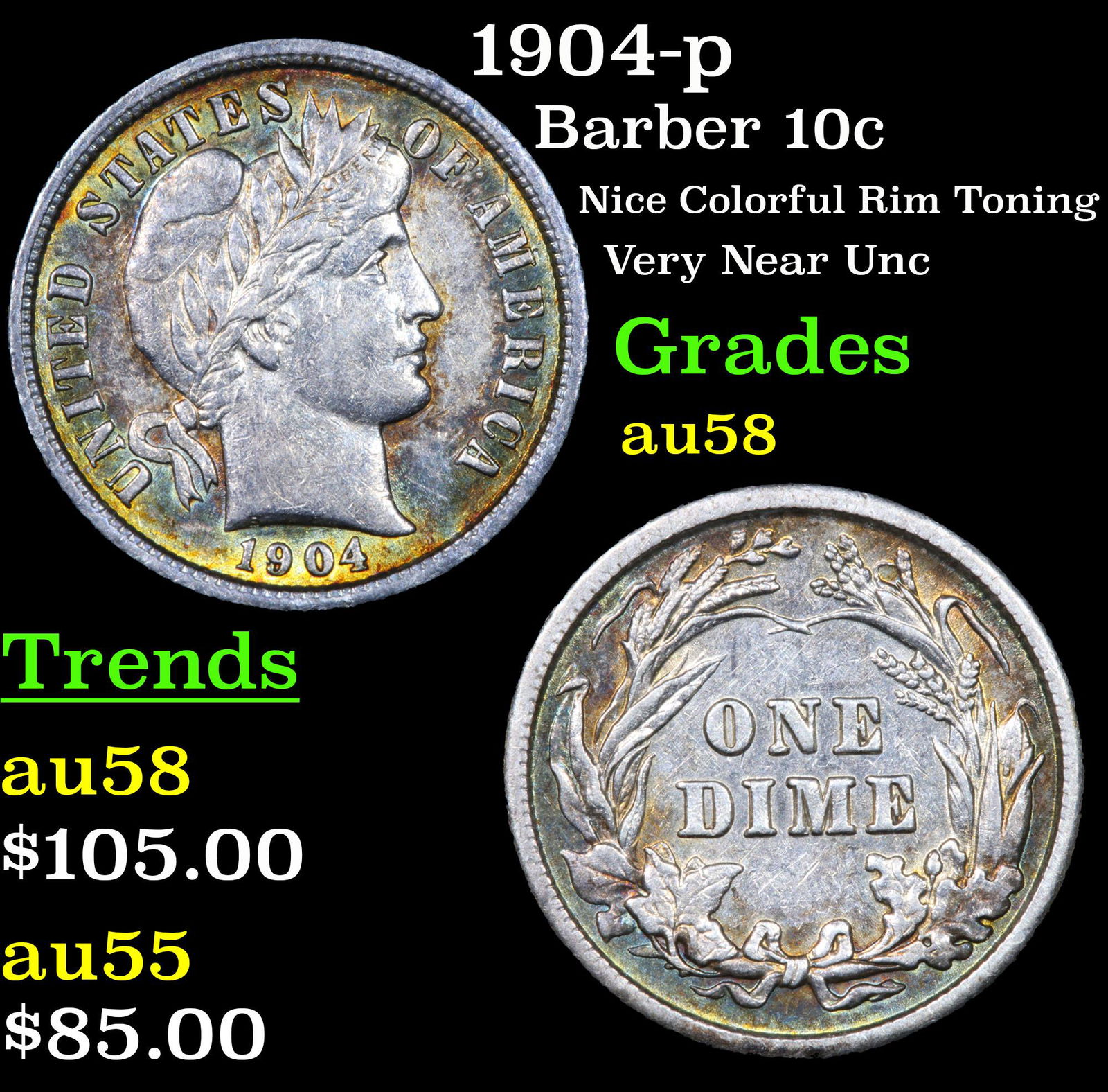 1904-p Barber Dime 10c Grades Choice AU/BU Slider (1 of 2)