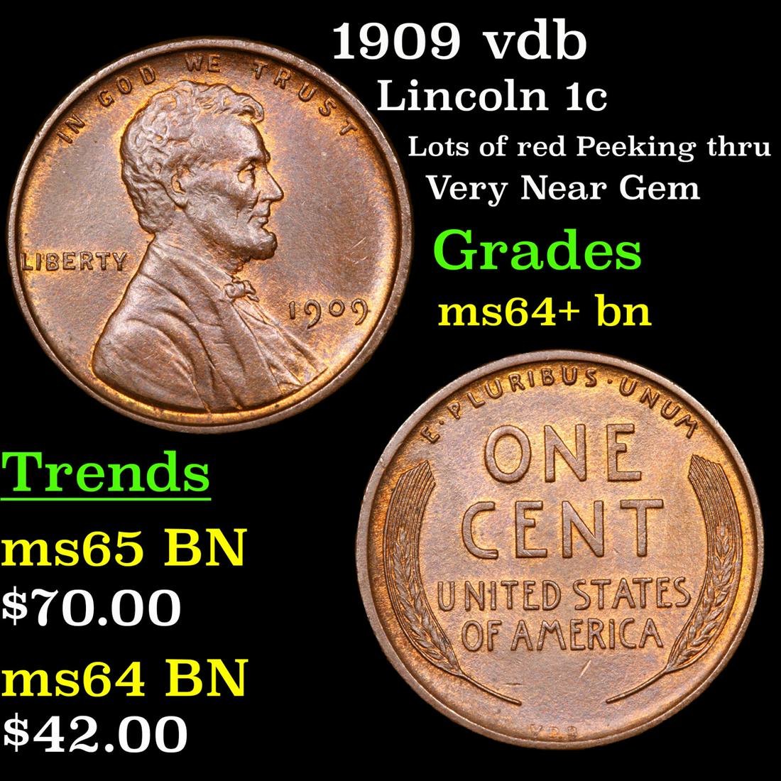 1909 vdb Lincoln Cent 1c Grades Choice+ Unc BN (1 of 3)