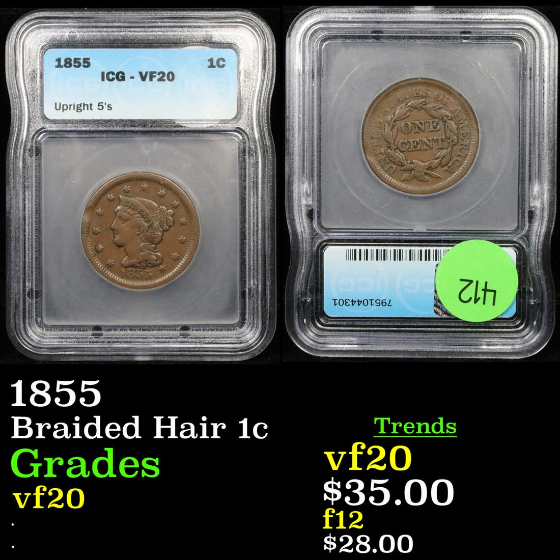 1855 Braided Hair Large Cent 1c Graded vf20 By ICG (1 of 3)